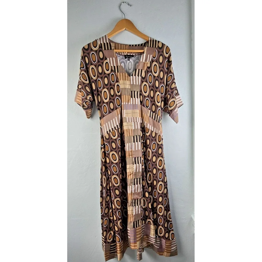 Lynn Ritchie Brown Tribal Geometric Maxi‎ Women's Large Summer Swimsuit Cover